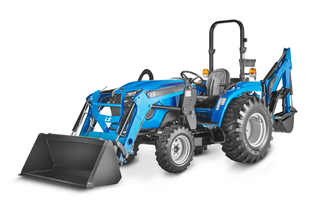 LS MT2 series compact tractor with loader and backhoe, ROPS configuration