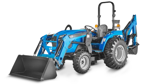 LS MT2 series compact tractor with loader and backhoe, ROPS configuration