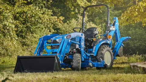 LS MT225S compact tractor with loader and backhoe, ROPS configuration