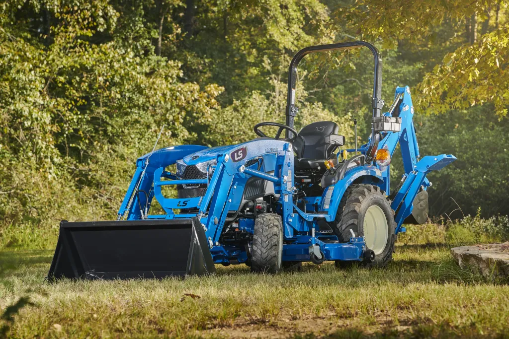 LS MT225S compact tractor with loader and backhoe, ROPS configuration